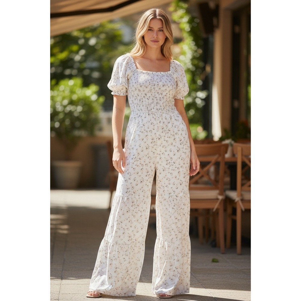 Womens Floral Smocked Jumpsuit S Puff Sleeve Wide Leg Fairycore Boho Cottagecore